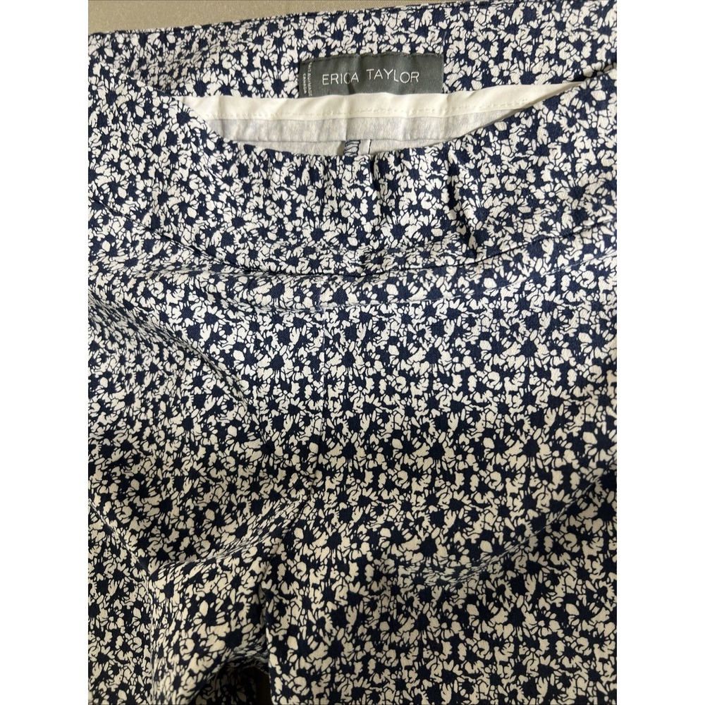 Erica Taylor Floral Stretch Pants Women M Blue White Pull On